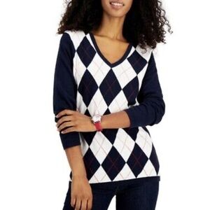 Tommy Hilfiger Black and White V-Neck Argyle Sweater